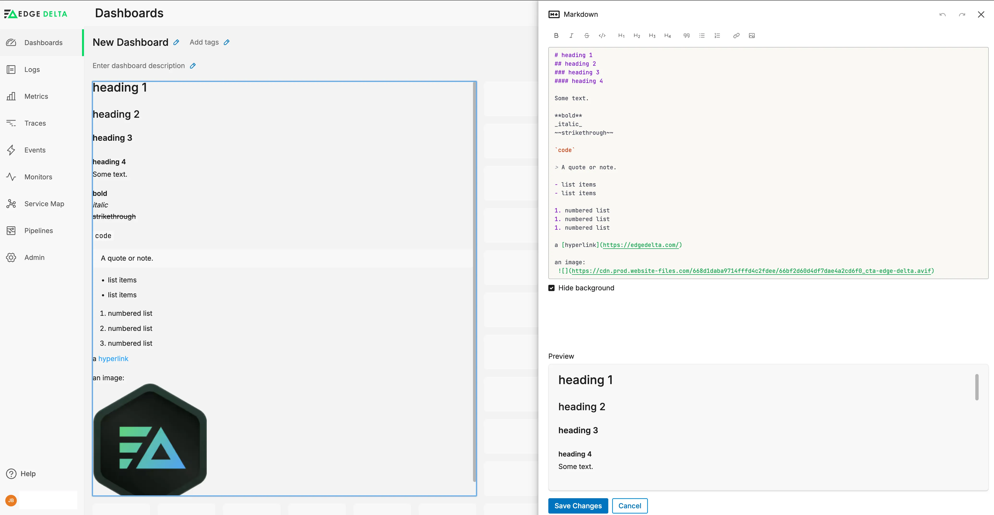 Dashboard markdown widget showing the same editor reused for free-form notes alongside other dashboard panels