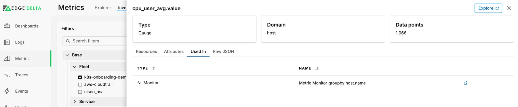 The Used In tab listing the monitors that reference this metric, each linking through to its definition